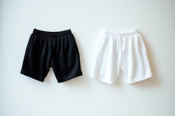 Wall Mural - Black and white athletic shorts displayed side by side on a clean white surface