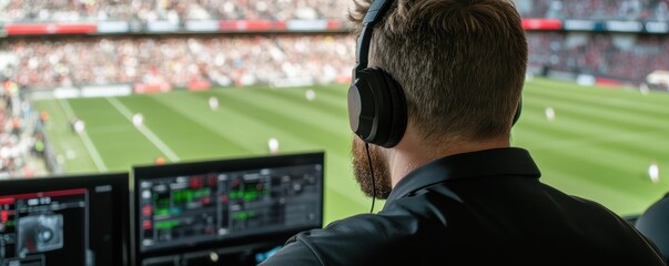 a broadcast technician monitors a soccer game from a control room, equipped with headphones and scre