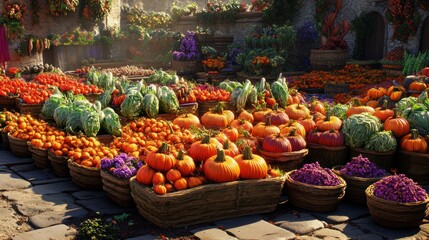 Poster - Bountiful Autumn Harvest Market Display Of Vegetables And Pumpkins