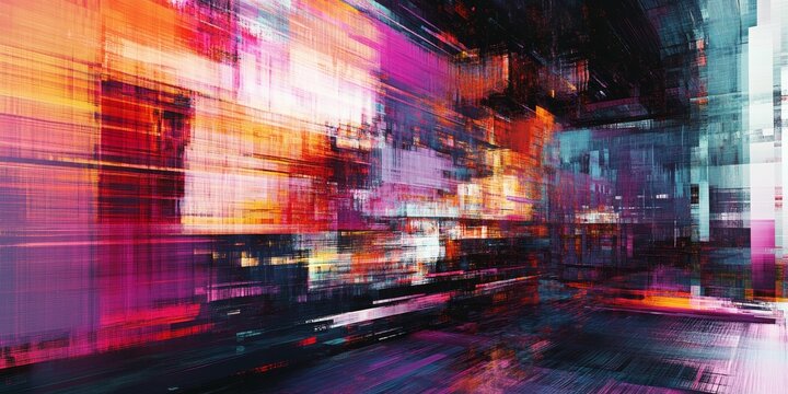 Abstract art showcasing the effects of technology and noise, featuring pixel distortion and computer errors. This modern display captures the essence of broadcasting and electronic signal damage.