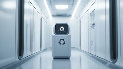 Aufkleber - This advanced recycling robot stands in a sleek corridor, showcasing its eco-friendly design and technology.