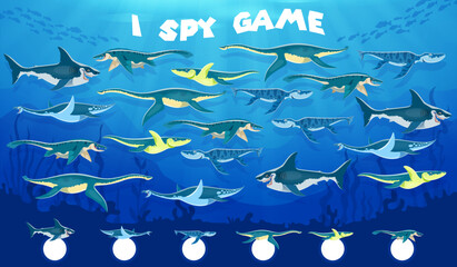 Poster - I spy game worksheet with prehistoric sea underwater dinosaurs. Kids vector paleontology riddle. How many cartoon marine reptiles in the ocean. Children test, education task for kid mind development