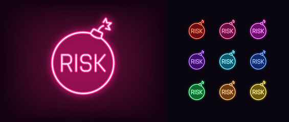 Poster - Outline neon dangerous risk icon set. Glowing neon bomb with text Risk, warning bomb tag. Risk management and assessment, danger caution, threat control, financial problem, security rate. Vector icons