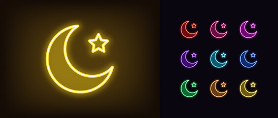 Poster - outline neon crescent icon set. glowing neon crescent with star, half moon icon. crescent for islami