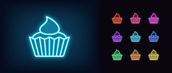 Poster - outline neon cupcake icon set. glowing neon cupcake with cream, chocolate muffin. festive dessert, s