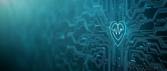 Poster - biometric sensor patch concept. a digital representation of a heart symbol integrated with circuit p