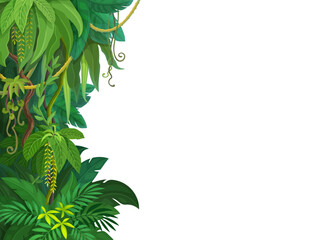 Wall Mural - tropical jungle forest lianas background with vector border of cartoon tree branches, vines and gree