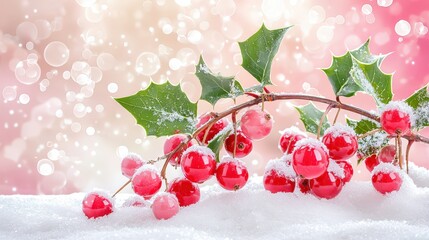 Wall Mural - Winter holly with shiny green leaves and red berries under a dusting of snow, evoking festive seasonal charm