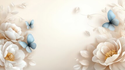 Poster - Soft watercolor wallpaper featuring smoke-colored peony bouquets and cute blue butterflies, a charming vintage design with a serene vibe.
