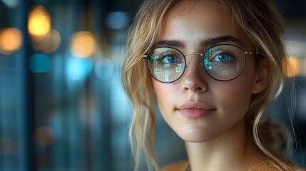 Poster - A woman explores augmented reality features using a tablet in a modern, well-lit workspace