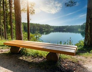 Wall Mural - handcrafted wooden bench in a forest near the lake on a sunny day