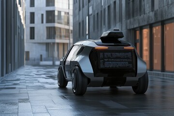 Leinwandbilder - An autonomous vehicle is driving through a contemporary city alley, showcasing its sophisticated AI systems that ensure safe travel. Generative AI
