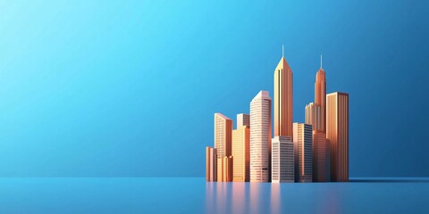 Poster - Blockchain technology and financial infrastructure. A vibrant city skyline with modern skyscrapers set against a bright blue background, showcasing a mix of architectural styles and colors.