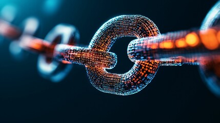 Poster - Blockchain technology and financial infrastructure. A close-up view of a futuristic chain link, showcasing a digital, glowing design with vibrant colors against a dark background.