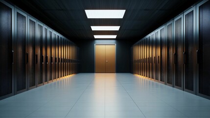 Poster - Blockchain technology and financial infrastructure. A corridor lined with server racks leads to an illuminated elevator, showcasing a modern data center