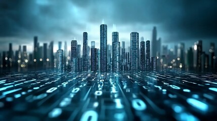 Aufkleber - Blockchain technology and financial infrastructure. A futuristic cityscape with towering skyscrapers and a digital matrix of binary code, evoking a high-tech, cyberpunk atmosphere.