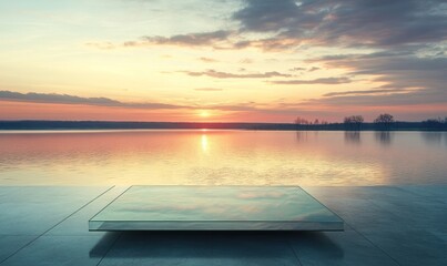 Fototapete - A serene sunset over a calm lake, with a glass platform reflecting the vibrant colors.