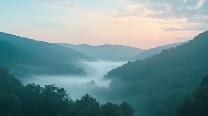 Poster - A beautiful mist covers a serene valley at dawn, with gentle hills and soft sunrise colors illuminating the greenery. Generative AI