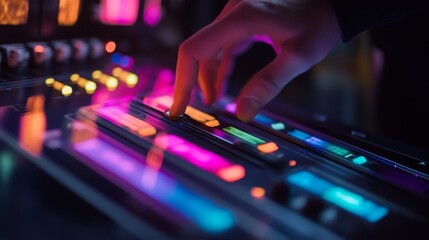 Poster - A DJ's hand skillfully adjusts vibrant sound controls filled with bright neon colors in a bustling nightclub. The atmosphere is electric, enhancing the experience for partygoers enjoying the music.