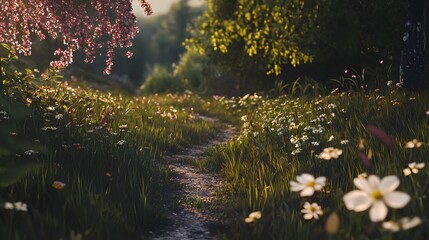 Poster - Serene walking path lush forest nature scene tranquil environment ground level peaceful escape