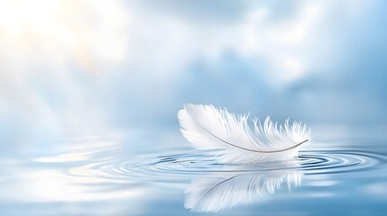 Poster - Gentle feather drifting serene water surface nature photography calm environment close-up view tranquility concept