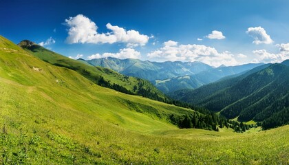 Wall Mural - scenic views on mountain peaks and valley at summer green meadows and forests slopes hilly countryside blue sky with clouds beautiful landscape travel background wallpapers and banner