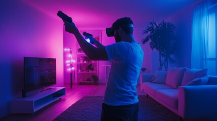 Aufkleber - A man stands in his living room at night, immersed in a virtual reality experience. He holds two handheld controllers, his body reacting to the game's action.