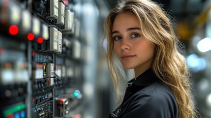 Poster - Female technician working with equipment in a control room during the day