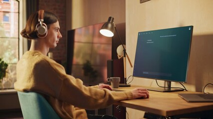 Fototapete - Young Man Works on Computer With an AI Chatbot Interface, Displaying Generated Text. Innovative Technology with Intelligent Virtual Assistance Helps Designing and Enhancing Productivity