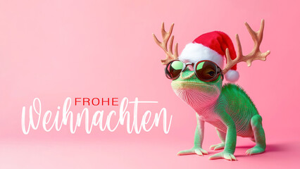 Wall Mural - frohe weihnachten urlaub winter grußkarte mit deutschem text - cooles lustiges chamöleon haustier mi
