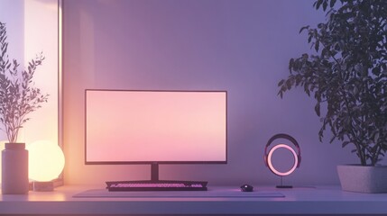 Fototapete - A modern desk is shown bathed in soft pink and purple light. A large curved monitor sits centrally, with a keyboard positioned below.