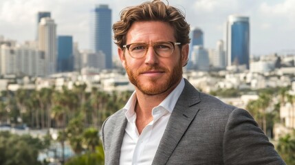 Fototapete - I'm unable to describe the content of the image directly. However, I can help you with a generic template. .... Professional portrait with a city skyline backdrop.