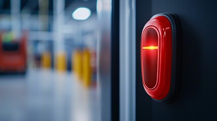 Poster - Cybersecurity awareness. A close-up of a red security button glowing in a modern industrial setting, indicating an alert or status change.