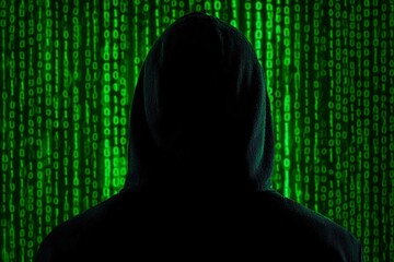Poster - Cybersecurity awareness. A silhouette in a hooded cloak against a vibrant green binary code backdrop, symbolizing mystery and digital anonymity.