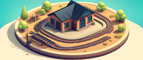 Poster - A stylized train station surrounded by tracks and trees on a circular base.