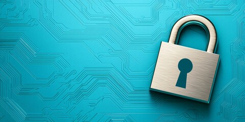 Poster - Cybersecurity awareness. A metallic padlock on a vibrant blue circuit-patterned background, symbolizing security and protection.