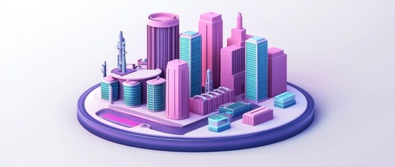 Poster - A stylized 3D cityscape with colorful buildings and structures on a circular base.