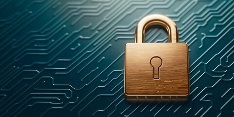 Poster - Cybersecurity awareness. A golden padlock rests on a circuit board background, symbolizing security and protection in the digital world.