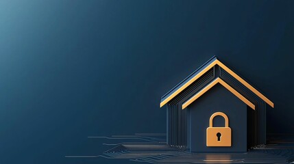 Poster - Cybersecurity awareness. A stylized house icon with a padlock, set against a dark blue background, symbolizing security and protection for home environments.