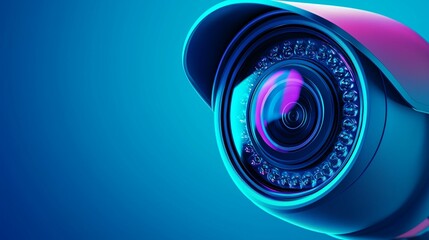 Poster - Cybersecurity awareness. A vibrant close-up of a security camera lens, featuring a modern design and illuminated by a blue and pink gradient background.