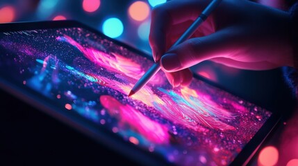 Wall Mural - Neon Digital Art Creation Stylus, Tablet, Colorful Abstract Painting