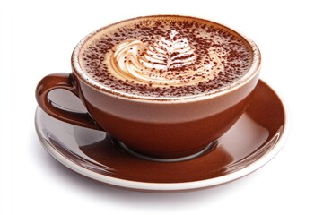 Poster - A beautifully crafted cappuccino with latte art, served in a brown cup on a saucer.