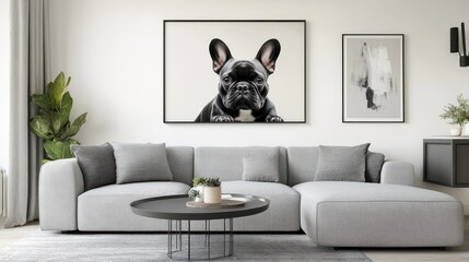 Aufkleber - A modern living room featuring a large dog portrait above a cozy sectional sofa.