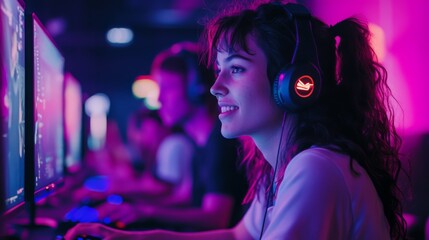 Poster - A young woman with long dark hair wears headphones and intently focuses on a computer screen. She sits in a vibrant purple and pink-lit gaming center, surrounded by other players.
