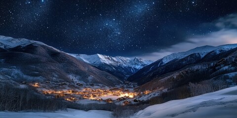 Wall Mural - A captivating starry sky during the holiday season illuminates majestic high mountains, with glowing villages nestled below, while moonlight peeks through the clouds in a serene winter landscape.