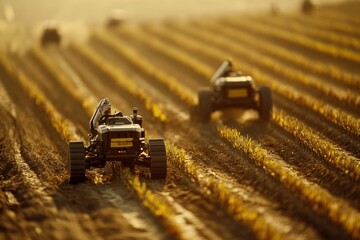 Aufkleber - Robotic machines operate on a farm at sunset, planting and harvesting crops with precision across well-organized rows of farmland. Generative AI