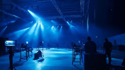 Aufkleber - A team prepares for an upcoming performance in a large, empty venue. Blue lights illuminate the space as crew members adjust equipment and test the lighting, creating an atmospheric ambiance.