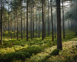  Morning fog envelops a dense pine forest, highlighting tall trees and grass, evoking a sense of mystery and tranquility, ai.