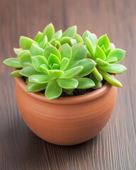 Sticker - Close-up of terracotta pottery with vibrant green succulents on a dark wooden table in soft natural light