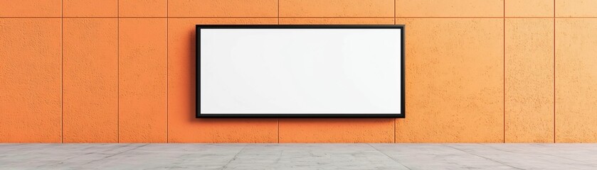 Poster - Free blank billboard mockup. A blank rectangular display board on an orange wall, emphasizing minimalism and potential for creative content.